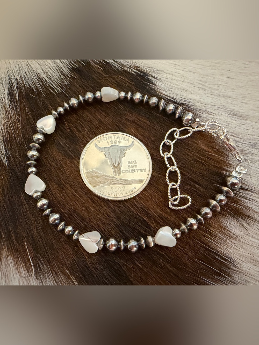 ❤️ Sterling Mother of Pearl Hearts & Desert Pearls 3mm, 4mm, 5mm Bracelet 7+2”L - Picture 8 of 11